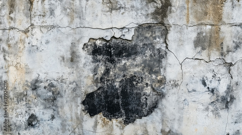A decayed concrete wall background with soot marks, fractures, and peeling surface