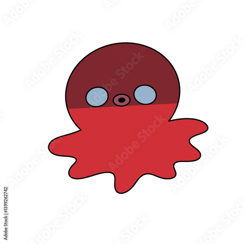 A cartoonish red octopus with blue eyes and a red mouth