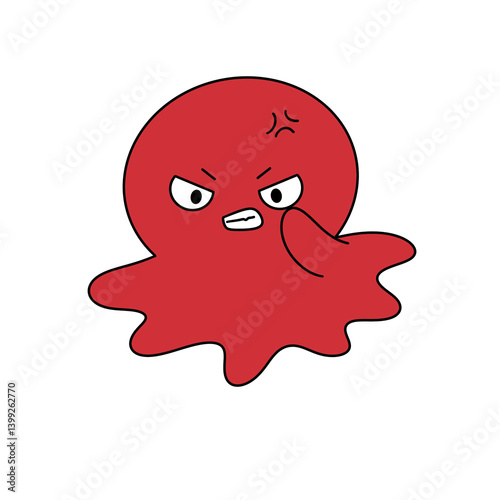 A red octopus with a frowning face and angry expression