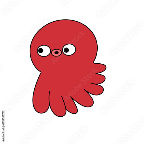 A cartoonish red octopus with a big eye and a small mouth