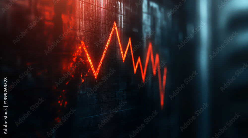 Red downward trend line on digital screen with dark in background, Financial crisis, decline, volatility and economic collapse. Concept of market crash, investment risk and inflation impact. Red downward trend line on digital screen with dark in background, Financial crisis, decline, volatility and economic collapse. Concept of market crash, investment risk and inflation impact.