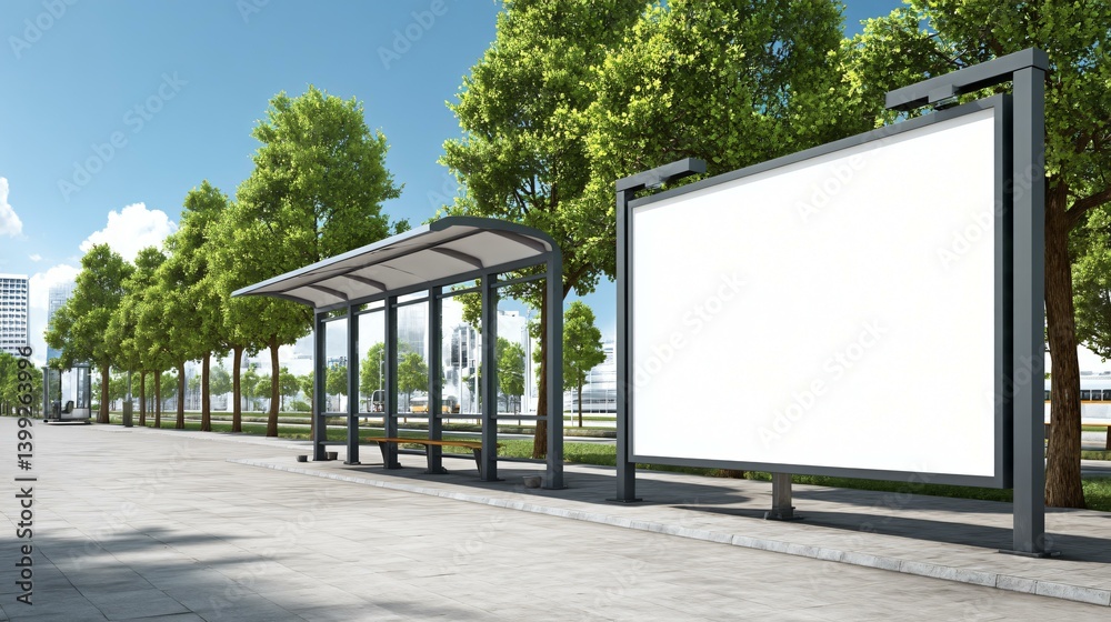 Detailed blank white billboard near a bus stop, cloudy sky, subtle city noise, versatile ad space Detailed blank white billboard near a bus stop, cloudy sky, subtle city noise, versatile ad space