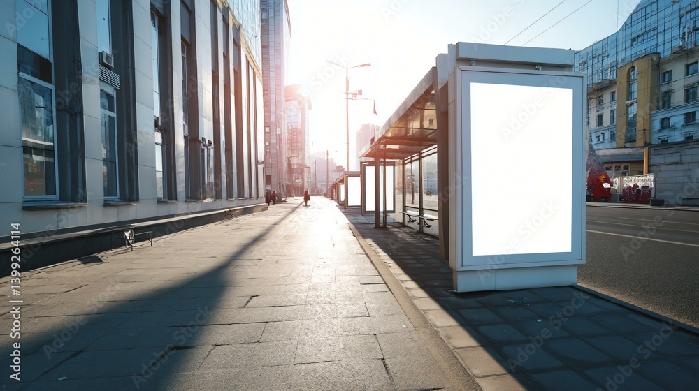 High-definition blank white billboard at a bus stop, sunny afternoon, clear shadows, modern urban design High-definition blank white billboard at a bus stop, sunny afternoon, clear shadows, modern urban design