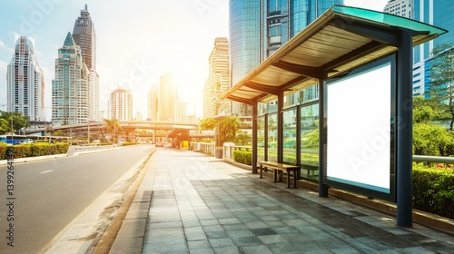 High-resolution blank white billboard beside a sleek bus stop, modern city skyline, bright daylight, commercial potential