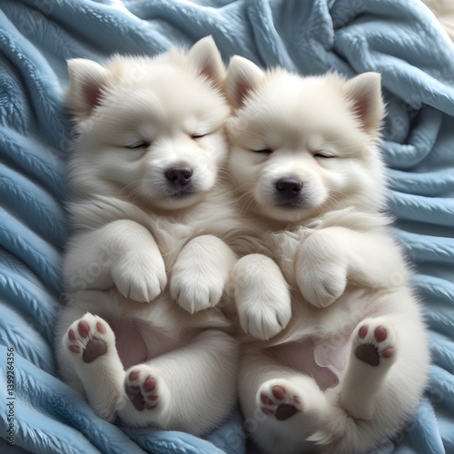 A tender moment of two adorable Samoyed puppies snuggled up together, their soft, white, and cream-colored fur glistening in the light, as they lay on a plush, sky blue blanket with a subtle sheen, it