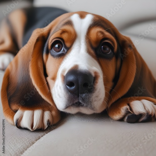 A adorable basset hound puppy, with a soft, fluffy coat in shades of brown and tan, lies on a comfortable surface, its oversized, velvety ears splayed out to the sides, as if melting onto the floor, g