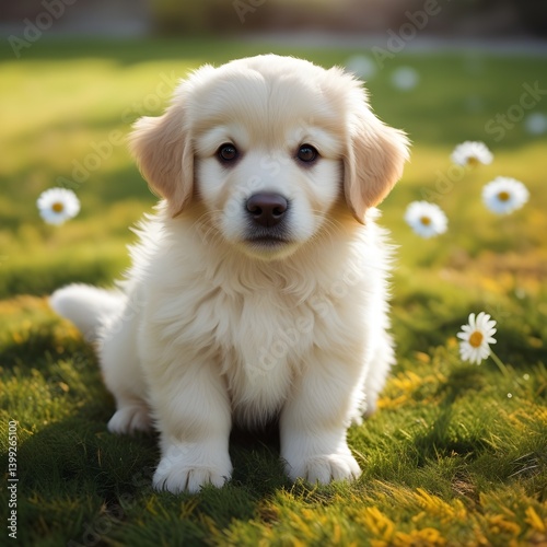 A adorable fluffy golden retriever puppy with a creamy white coat and golden fur, sitting on a lush, vibrant green grass lawn with hints of yellow and brown under the warm, soft natural sunlight, cast