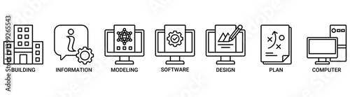 Building information modeling icon set. Containing icon of building, information, modeling, software, design, plan, and computer icons. Outline vector symbol background.