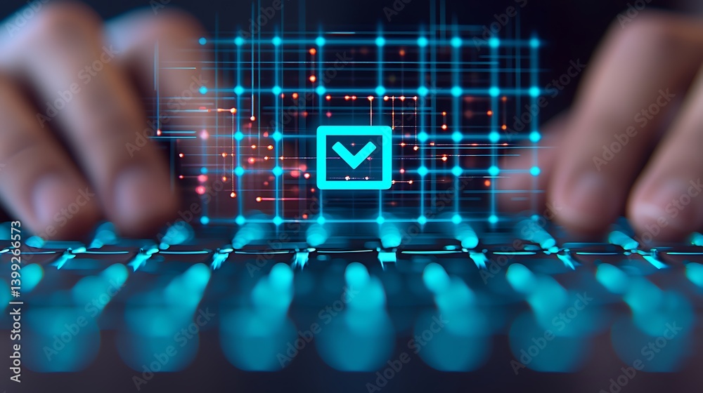Typing on Neon Keyboard with Checkmark: Abstract Digital Interface, Data Input, and Verification Concept.