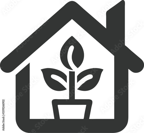 Minimalist Houseplant Icon in House Shape on Transparent Background Symbol Design