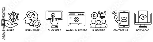Call to action icon set. Containing icon of share, learn more, click here, watch our video, subscribe, contact us, and download icons. Outline vector symbol background.