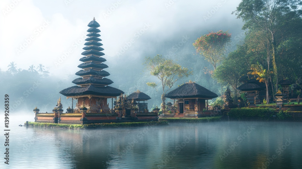 Obraz premium Ulun Danu Beratan Temple, Bali: A Misty Morning on Lake Bratan