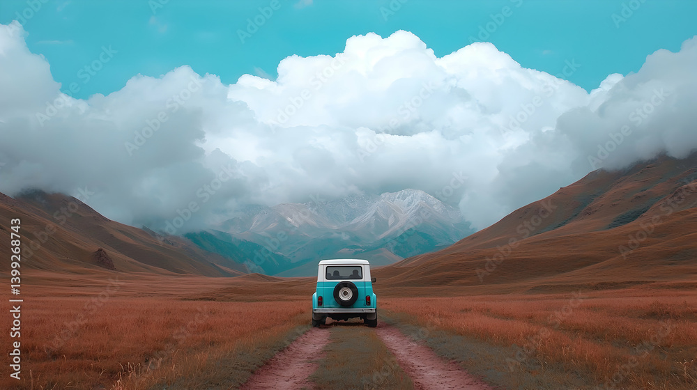 Teal Vintage Car Driving on a Mountain Road