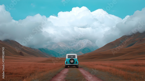 Obraz na płótnie Teal Vintage Car Driving on a Mountain Road w salonie