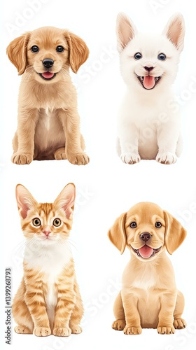 Cute puppies and kitten in various poses.