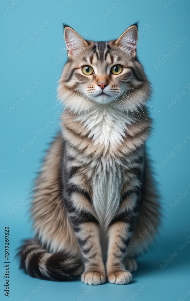 A fluffy gray cat with striking green eyes sits gracefully atop a vibrant blue surface, its tail curled around its paws, exuding an air of curiosity and calmness. A fluffy gray cat with striking green eyes sits gracefully atop a vibrant blue surface, its tail curled around its paws, exuding an air of curiosity and calmness.