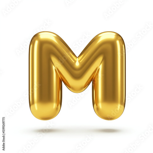 A 3D letter 'M' with a smooth, rounded, and inflated appearance, made of reflective, polished gold.