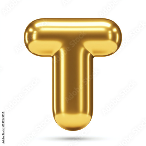A 3D letter 'T' with a smooth, rounded, and inflated appearance, made of reflective, polished gold.