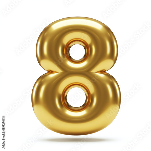 A 3D number '8' with a smooth, rounded, and inflated appearance, made of reflective, polished gold.