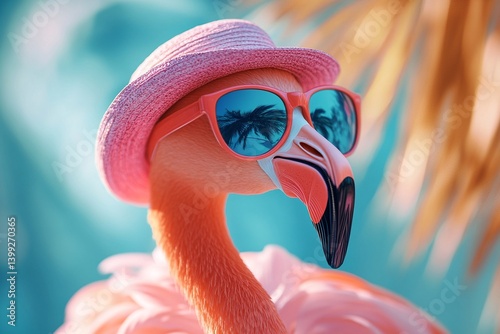 Fototapeta Naklejka Na Ścianę i Meble -  A flamingo in sunglasses and a hat enjoys a tropical vacation.  Pink and teal colors create a vibrant summer vibe.
