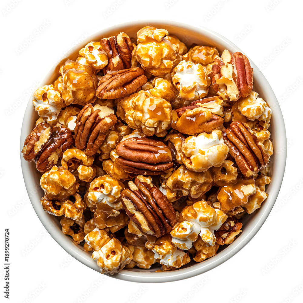 Bowl of caramel popcorn with pecans isolated on white background Bowl of caramel popcorn with pecans isolated on white background