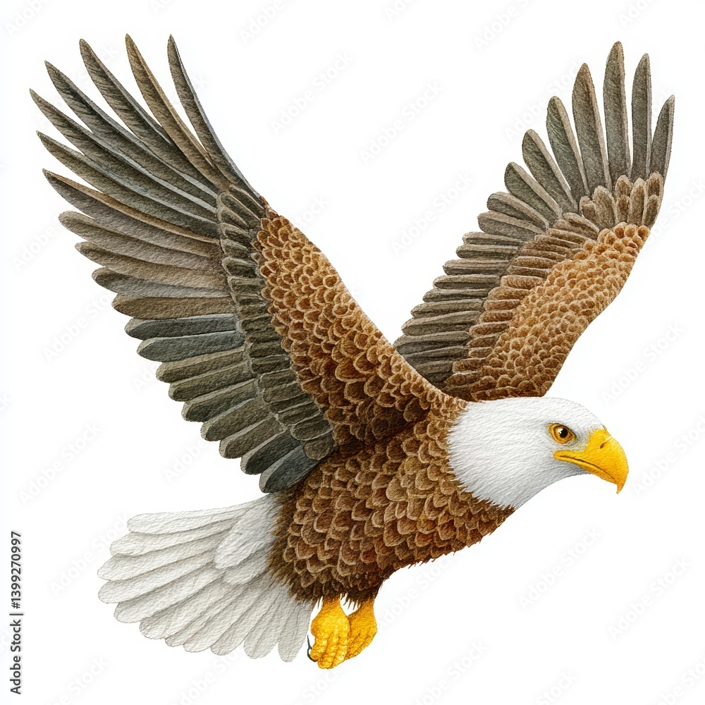 Obraz premium Detailed Illustration of a Bald Eagle in Flight Against White Background