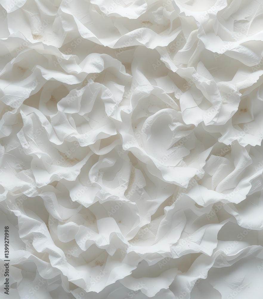 Obraz premium A close-up view of delicate white tissue paper, showcasing its soft, crinkled texture and subtle translucence. The light gently illuminates its fibers, creating a serene and elegant appearance.