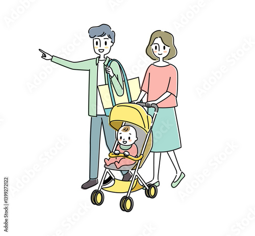 赤ちゃんとベビーカーでお出かけする夫婦のイラスト