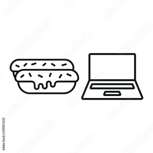 Laptop and eclair icon shows sweet digital breaks, cozy workspace vibes, and delightful productivity moments.