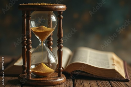 An antique hourglass and an open book symbolize the passage of time and learning.