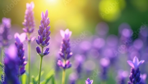 Vibrant purple lavender blooms, soft meadow bokeh , field, petals, meadow