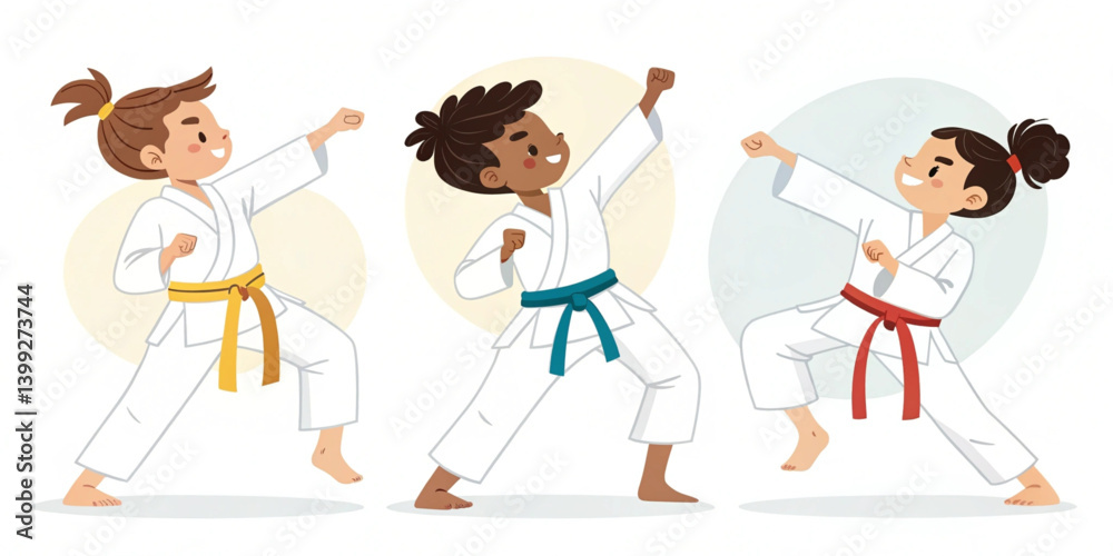 Cartoon Karate Characters in Action – Martial Arts Vector Illustration with Dynamic Poses Cartoon Karate Characters in Action – Martial Arts Vector Illustration with Dynamic Poses
