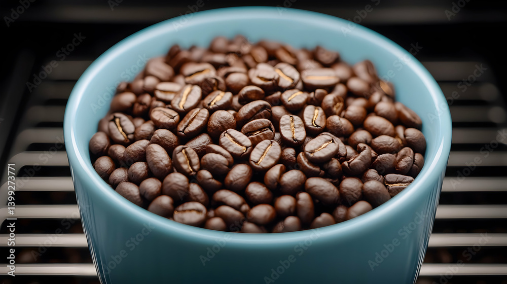 Fototapeta premium Top View of Roasted Coffee Beans in a Light Blue Bowl