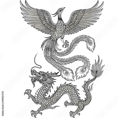 Intricate Monochrome Dragon and Phoenix Design
