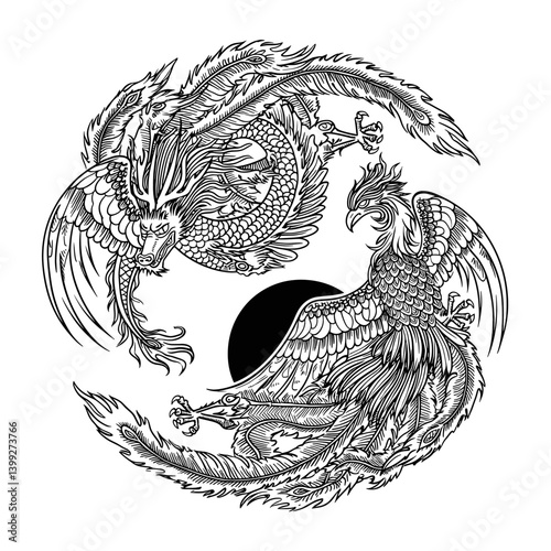 Yin Yang Dragon and Phoenix: Intricate Line Art Tattoo Design