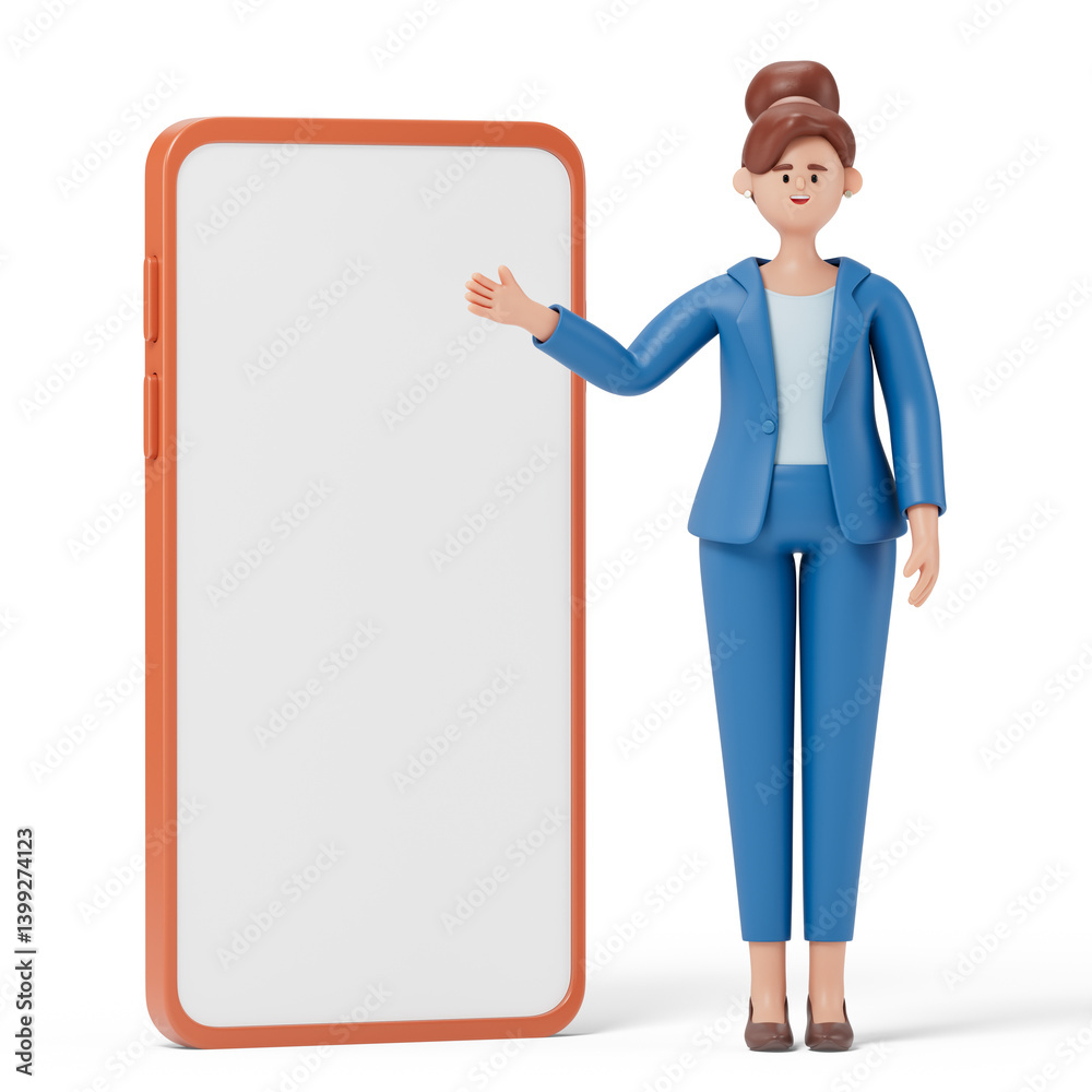 woman presenting a large phone screen, symbolizing technology demonstration or digital marketing. 3D rendering, conceptual image. Isolated on white background. woman presenting a large phone screen, symbolizing technology demonstration or digital marketing. 3D rendering, conceptual image. Isolated on white background.