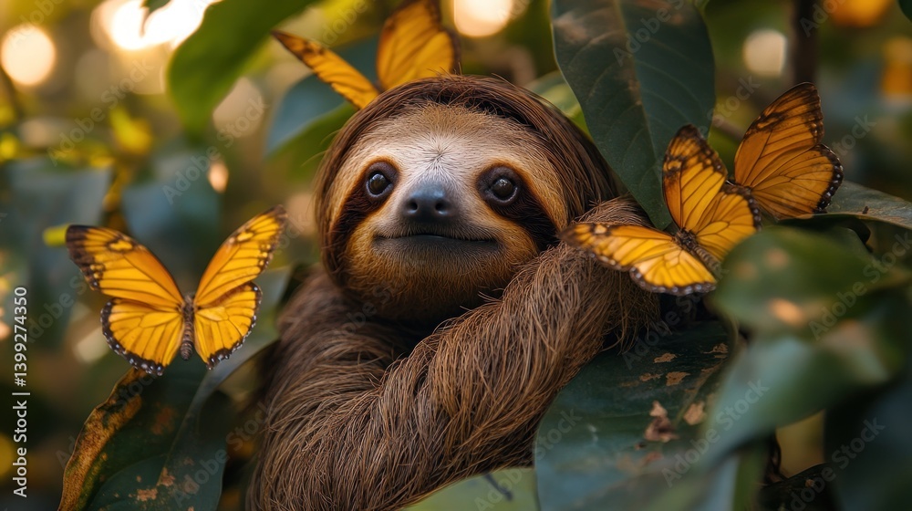 Fototapeta premium Serene Sloth Amidst Butterflies: A Tropical Paradise