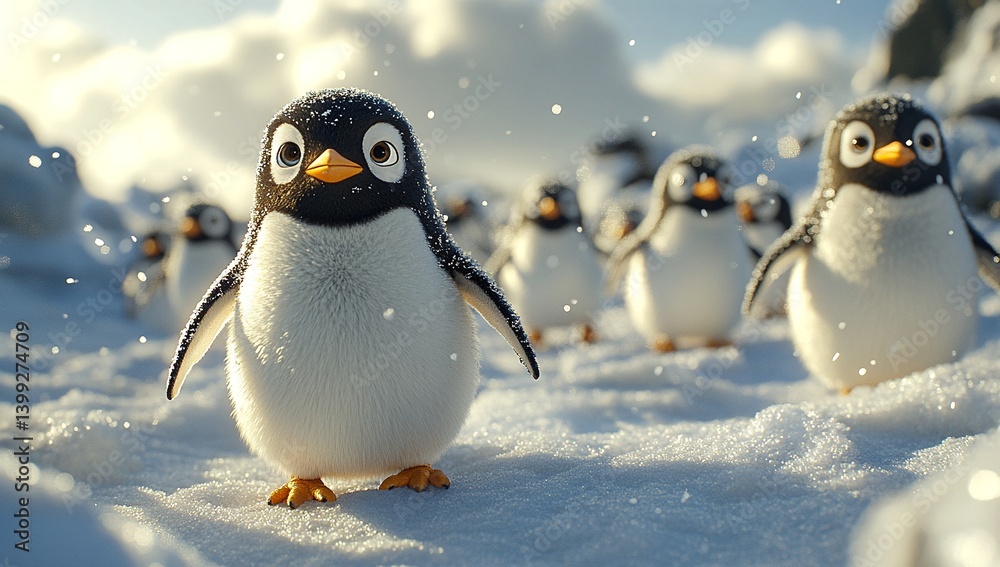 Fototapeta premium Adorable penguin chick waddles through the snow, followed by its fluffy friends. A heartwarming winter scene filled with charm.