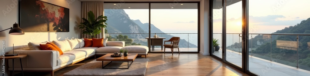 Fototapeta premium Spacious lounge area with L-shaped sofa and glass railing balcony, minimalistic, couch