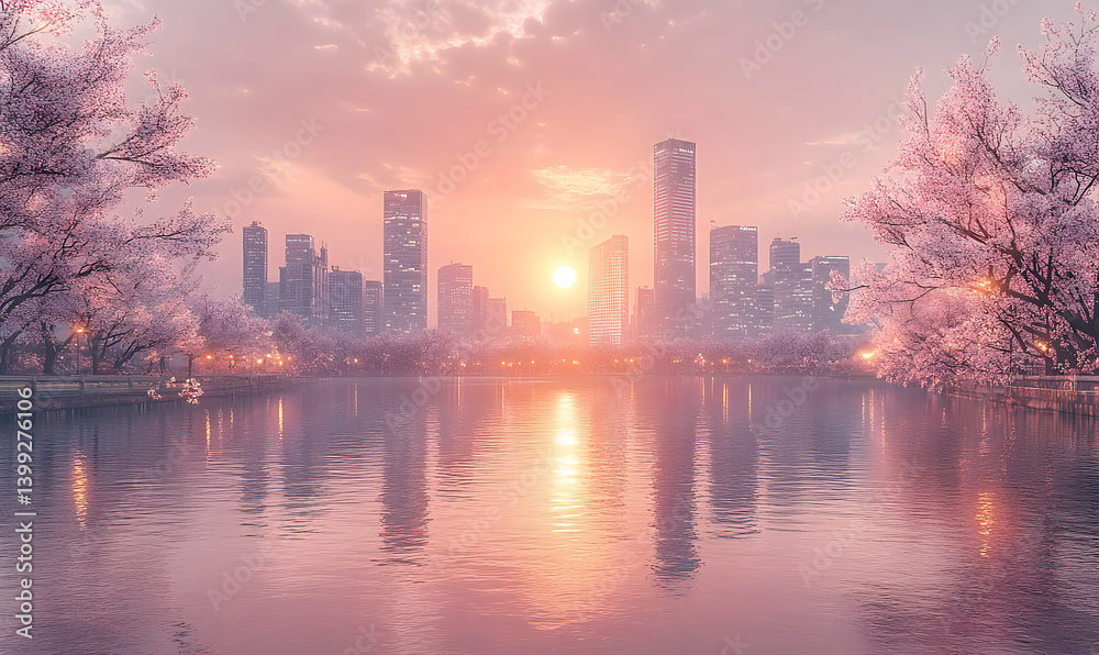Obraz premium Sunrise city park reflection