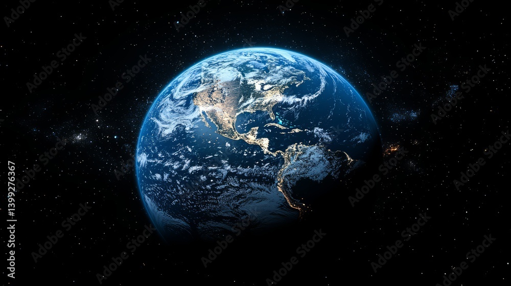 Obraz premium Stunning View of Earth From Space Showing Clouds and Continents On Black Background