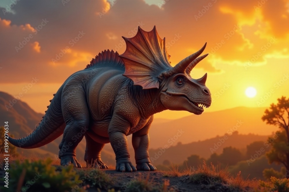 Fototapeta premium Majestic triceratops, sunset hues, brown & tan scales , silhouette, background, desert