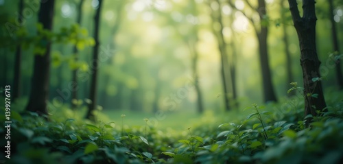 A lush forest scene filled with vibrant green leaves and towering trees, sunlight filtering through the canopy, creating dappled shadows on the forest floor, inviting tranquility.
