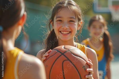 Young girls holding a basketball, smiles and joy on a sunny day. photo