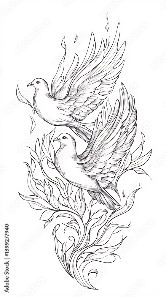 Fototapeta premium Two doves flying peace hope outline stock image