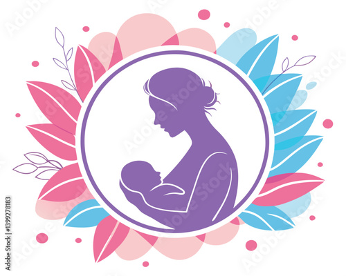 Mother Breastfeeding Baby with Floral Accents. Breastfeeding Mother and Baby in a Circle with Floral Design.