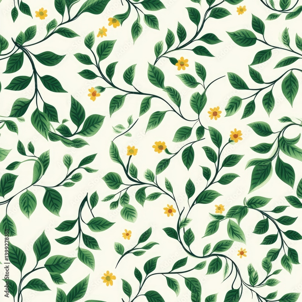 Delicate botanical pattern featuring trailing vines, lush leaves, and small yellow flowers on a creamy white background. Intricate design for textile, wallpaper, or fabric Delicate botanical pattern featuring trailing vines, lush leaves, and small yellow flowers on a creamy white background. Intricate design for textile, wallpaper, or fabric