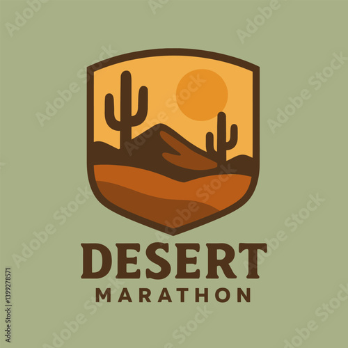 Desert Landscape Badge with Cacti and Sun Simple Vector Art