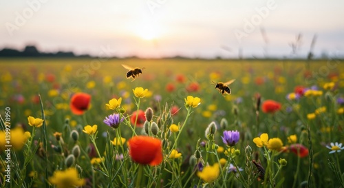 Fototapeta Naklejka Na Ścianę i Meble -  Sunset Serene Meadow: Bees in Flight over Vibrant Wildflowers