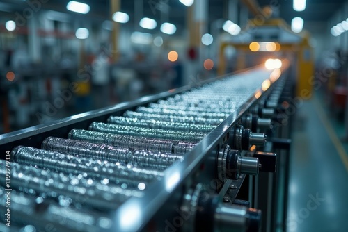 A modern automated manufacturing line with stacked components moving on a conveyor belt. photo